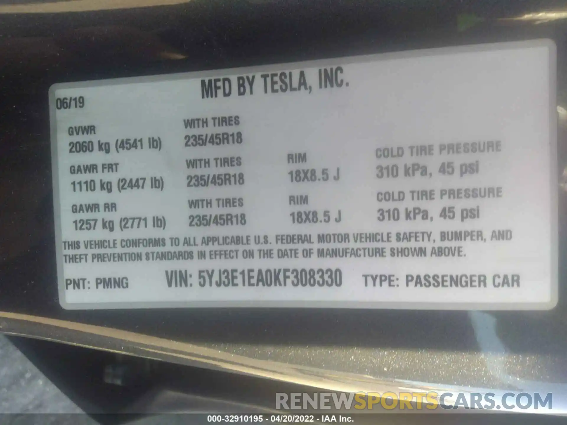 9 Photograph of a damaged car 5YJ3E1EA0KF308330 TESLA MODEL 3 2019