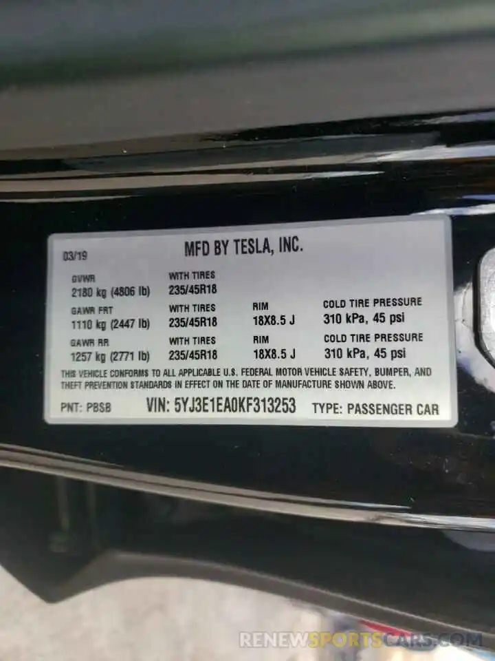 10 Photograph of a damaged car 5YJ3E1EA0KF313253 TESLA MODEL 3 2019