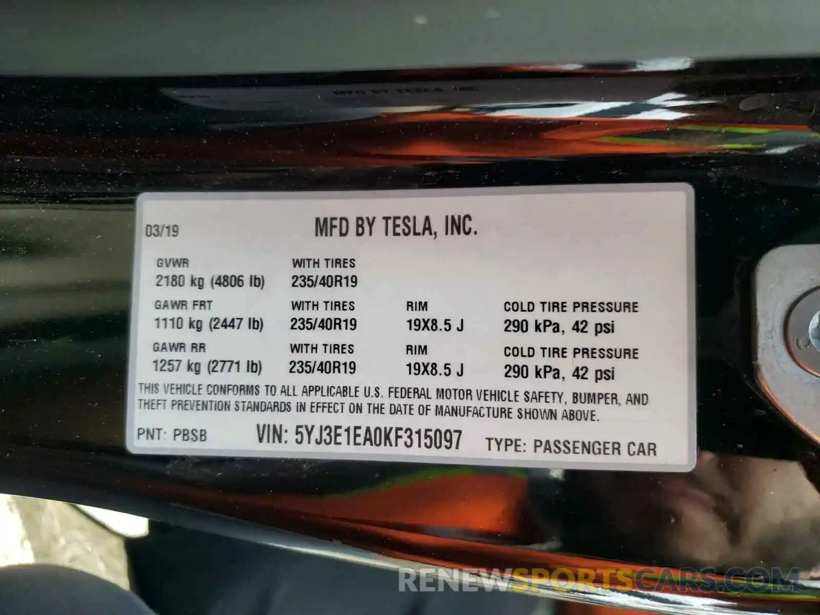 10 Фотография поврежденного автомобиля 5YJ3E1EA0KF315097 TESLA MODEL 3 2019