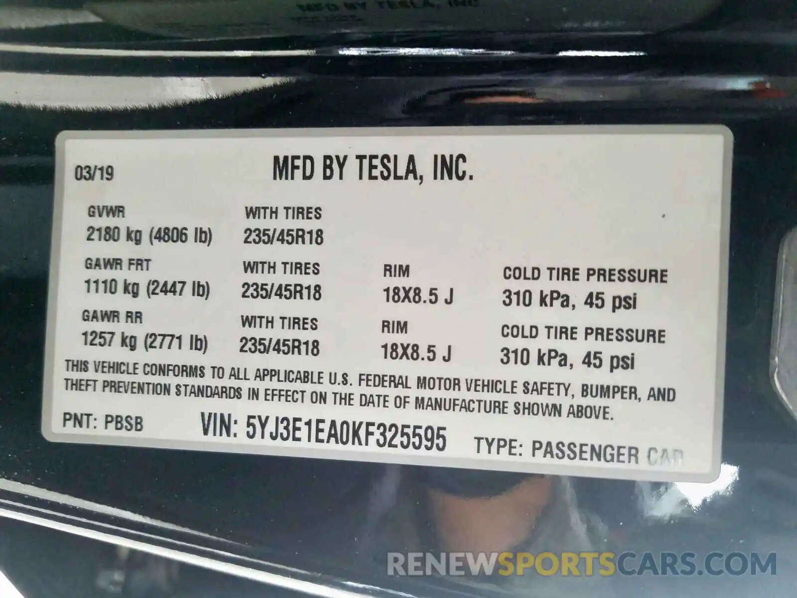 10 Photograph of a damaged car 5YJ3E1EA0KF325595 TESLA MODEL 3 2019