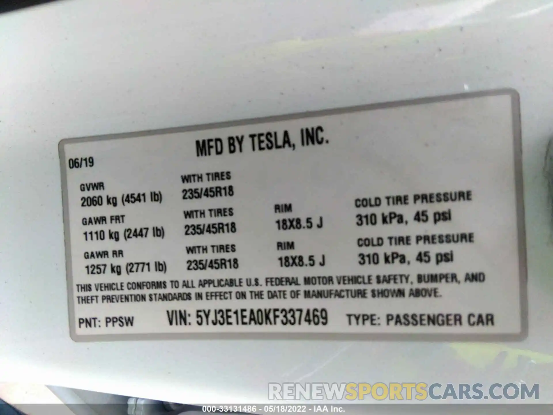 9 Photograph of a damaged car 5YJ3E1EA0KF337469 TESLA MODEL 3 2019