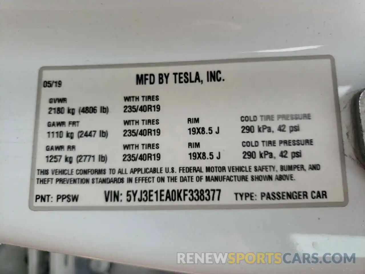 10 Photograph of a damaged car 5YJ3E1EA0KF338377 TESLA MODEL 3 2019