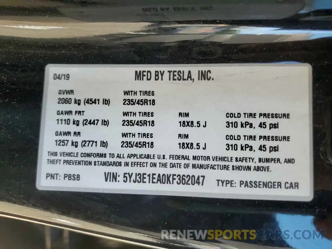 13 Photograph of a damaged car 5YJ3E1EA0KF362047 TESLA MODEL 3 2019