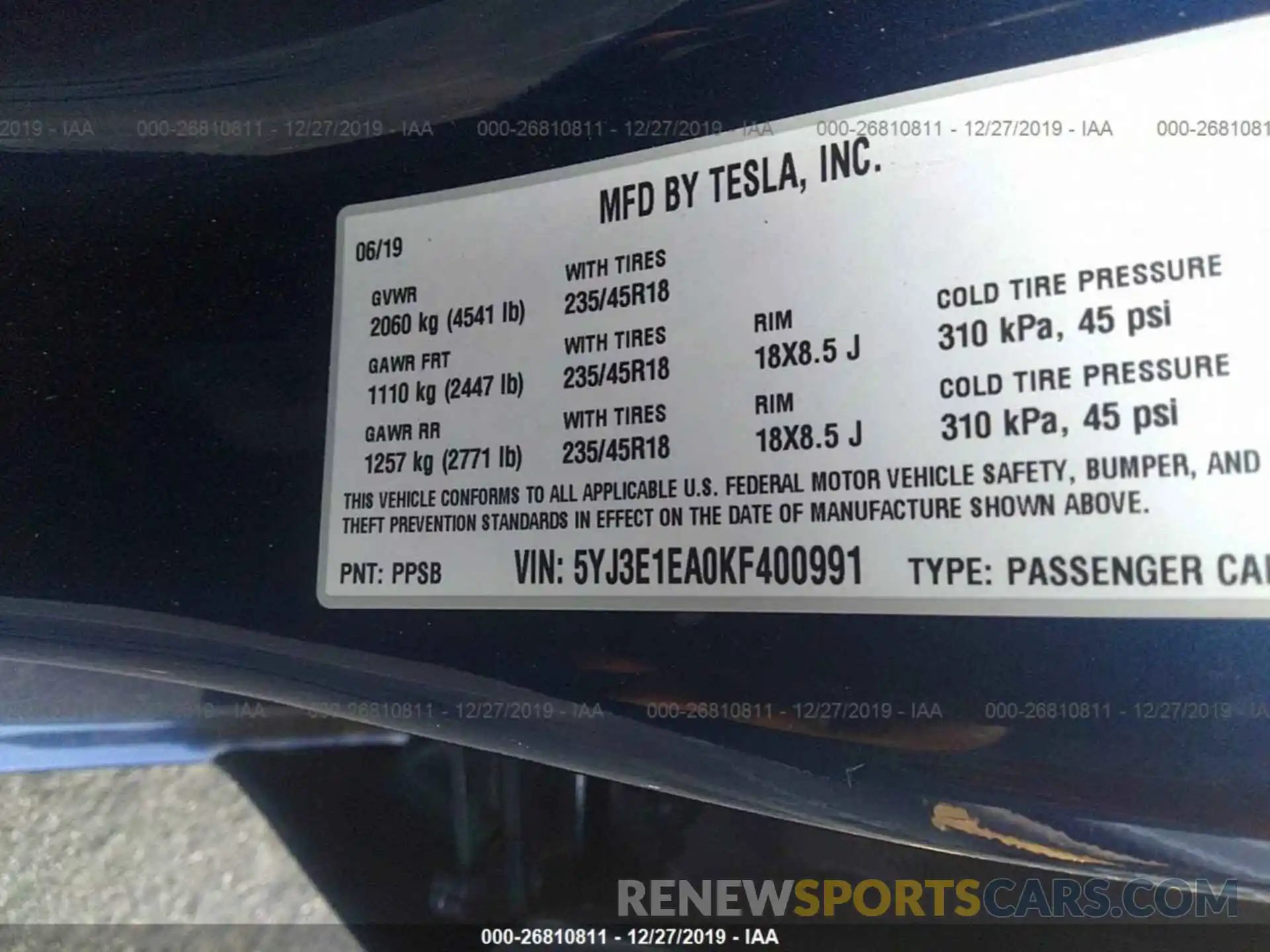 9 Photograph of a damaged car 5YJ3E1EA0KF400991 TESLA MODEL 3 2019