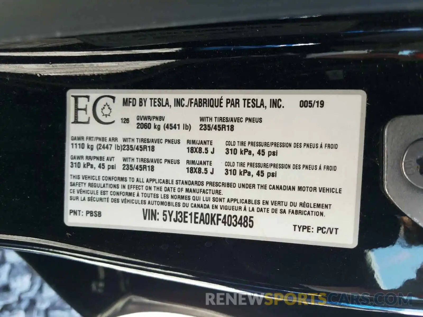 10 Photograph of a damaged car 5YJ3E1EA0KF403485 TESLA MODEL 3 2019