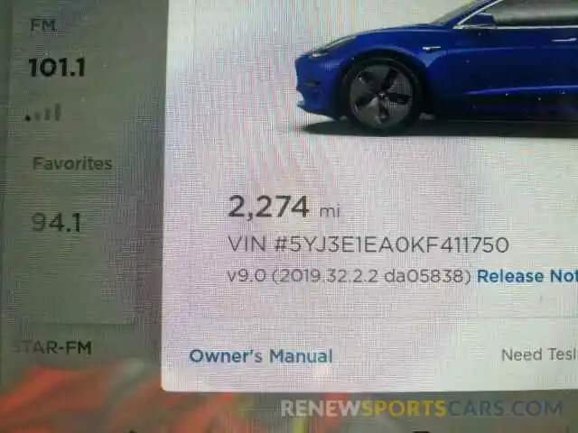 8 Фотография поврежденного автомобиля 5YJ3E1EA0KF411750 TESLA MODEL 3 2019