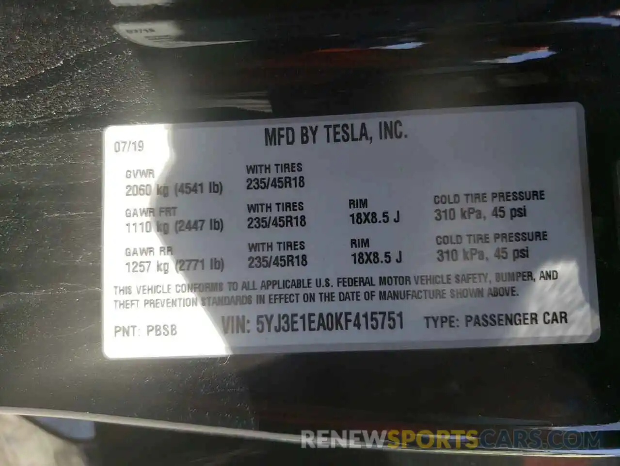 10 Photograph of a damaged car 5YJ3E1EA0KF415751 TESLA MODEL 3 2019