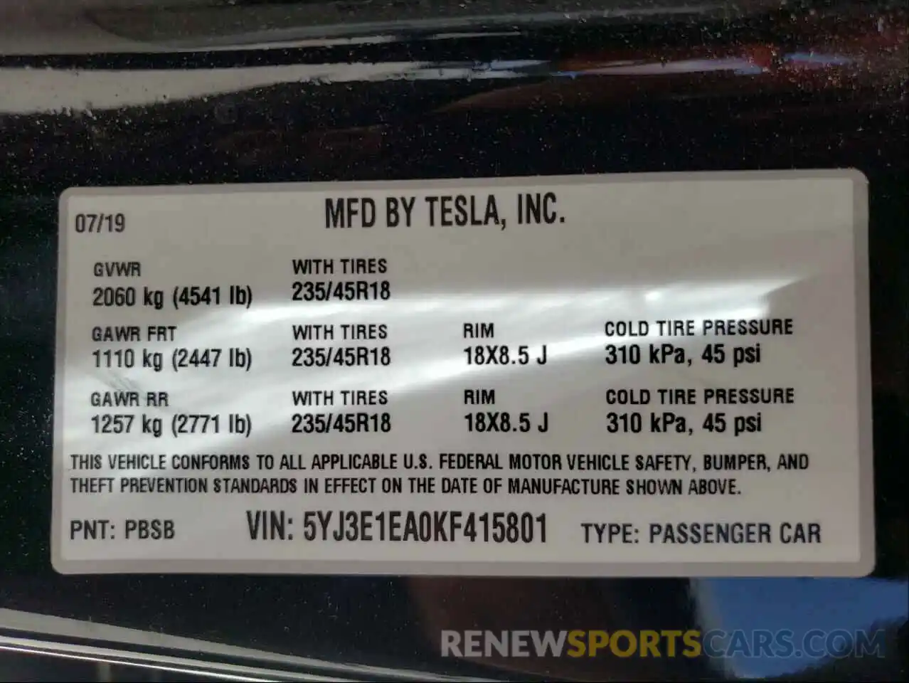 10 Photograph of a damaged car 5YJ3E1EA0KF415801 TESLA MODEL 3 2019