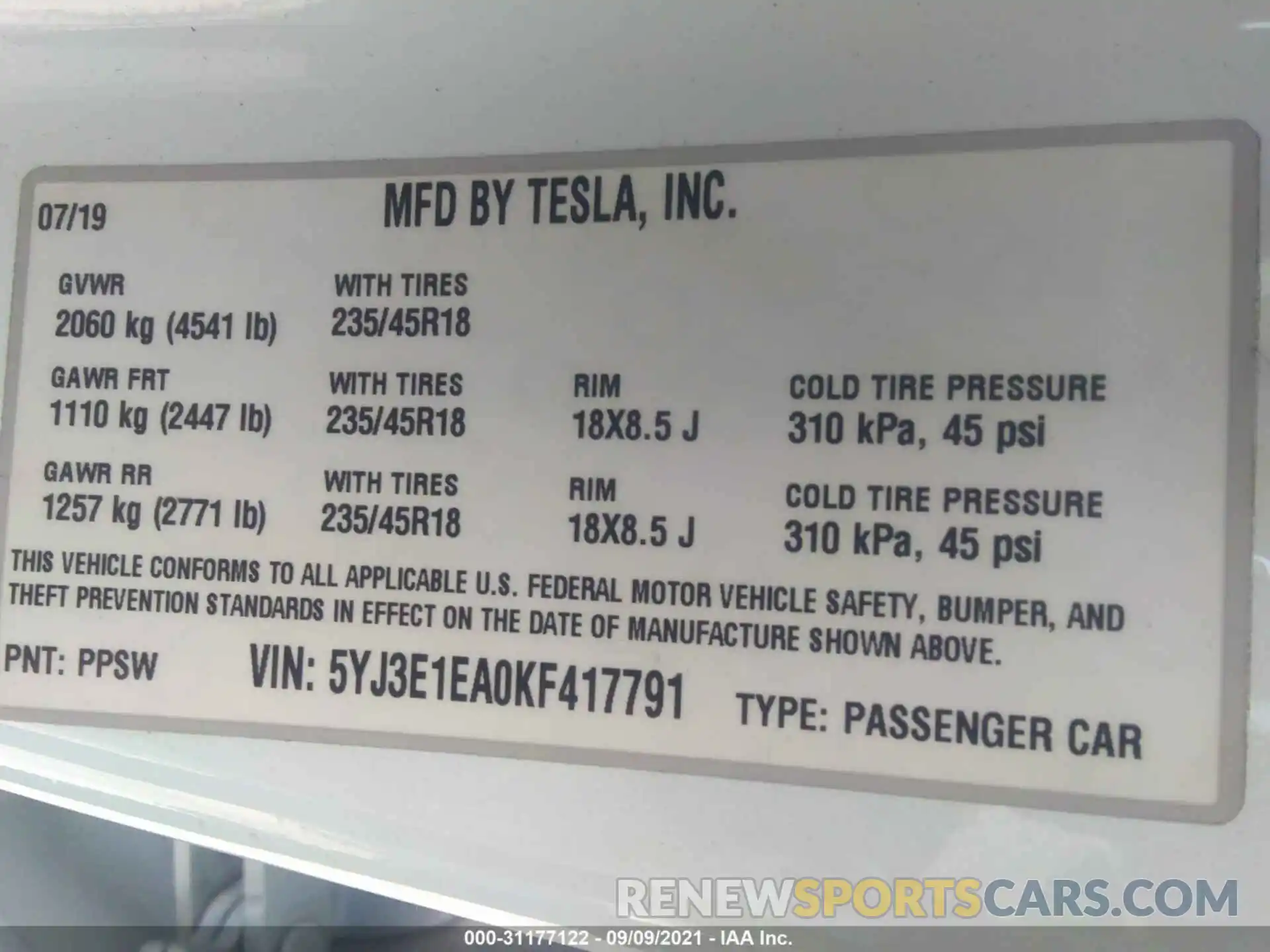 9 Photograph of a damaged car 5YJ3E1EA0KF417791 TESLA MODEL 3 2019