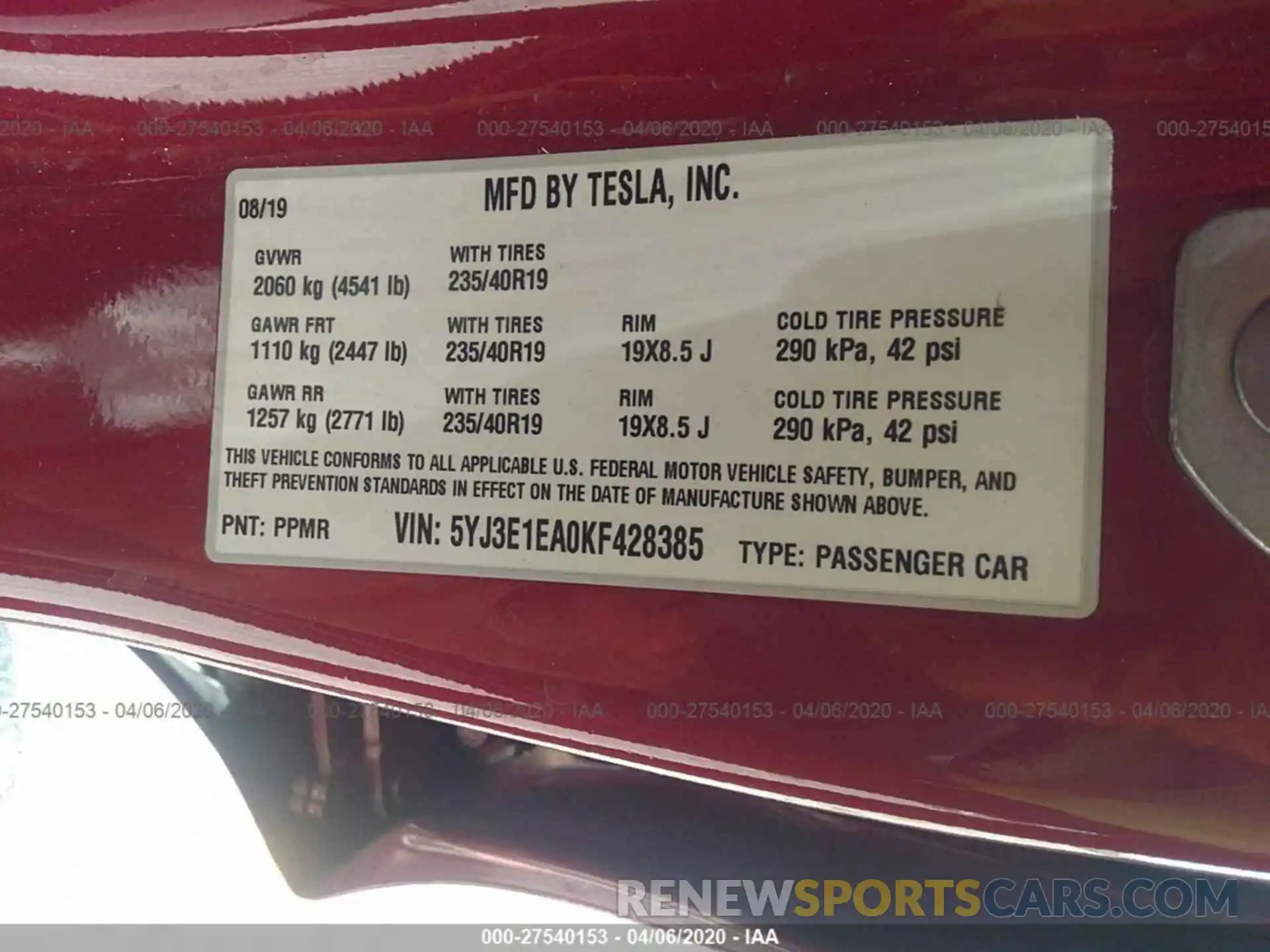 9 Фотография поврежденного автомобиля 5YJ3E1EA0KF428385 TESLA MODEL 3 2019