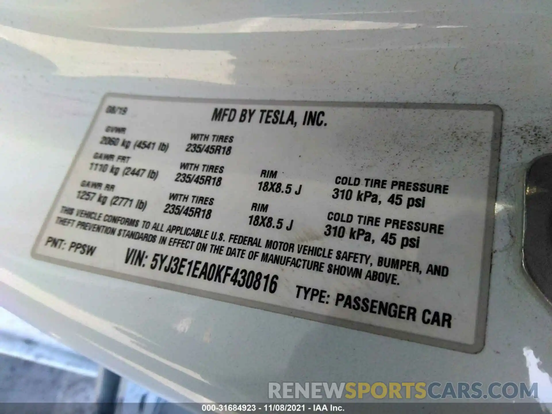 9 Photograph of a damaged car 5YJ3E1EA0KF430816 TESLA MODEL 3 2019