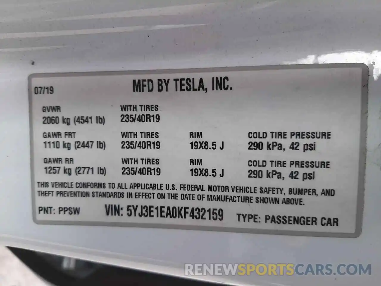 10 Фотография поврежденного автомобиля 5YJ3E1EA0KF432159 TESLA MODEL 3 2019