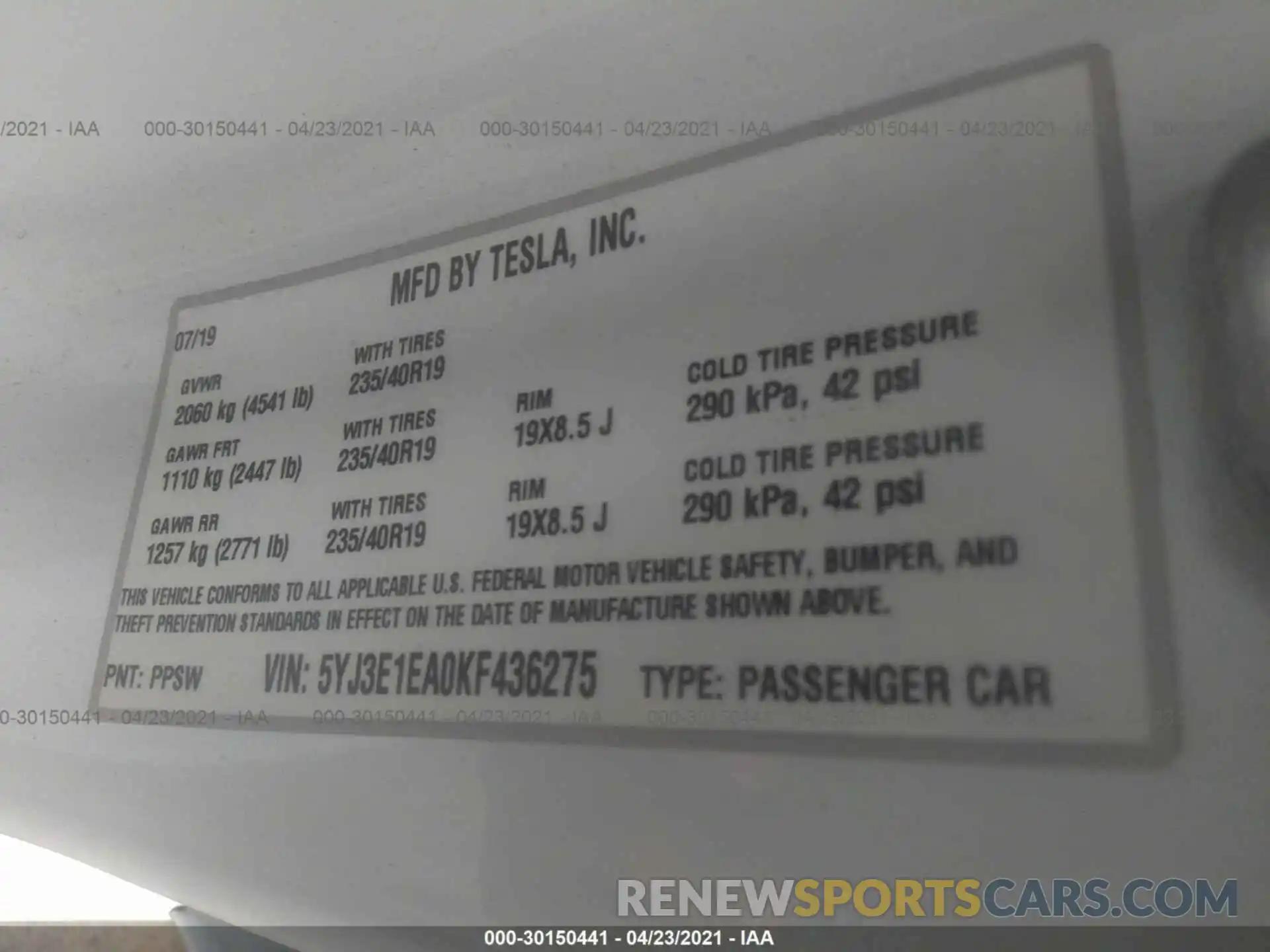 9 Photograph of a damaged car 5YJ3E1EA0KF436275 TESLA MODEL 3 2019