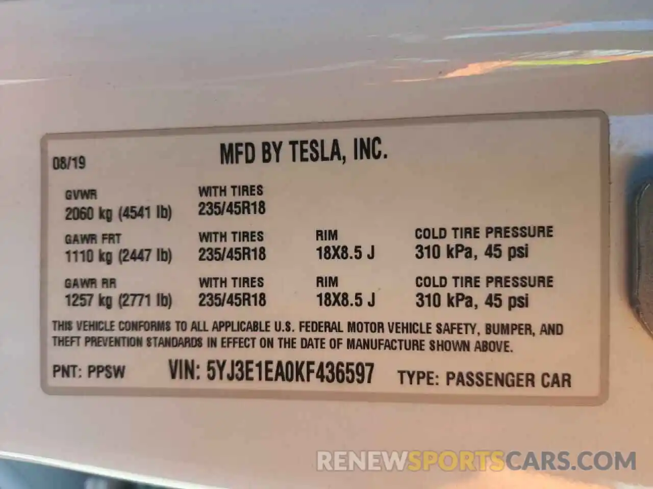 10 Photograph of a damaged car 5YJ3E1EA0KF436597 TESLA MODEL 3 2019