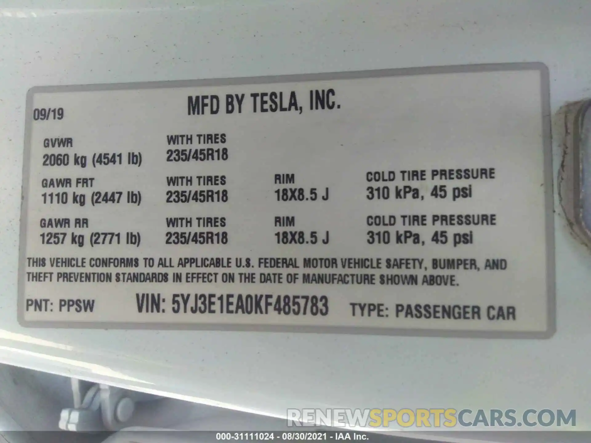 9 Фотография поврежденного автомобиля 5YJ3E1EA0KF485783 TESLA MODEL 3 2019