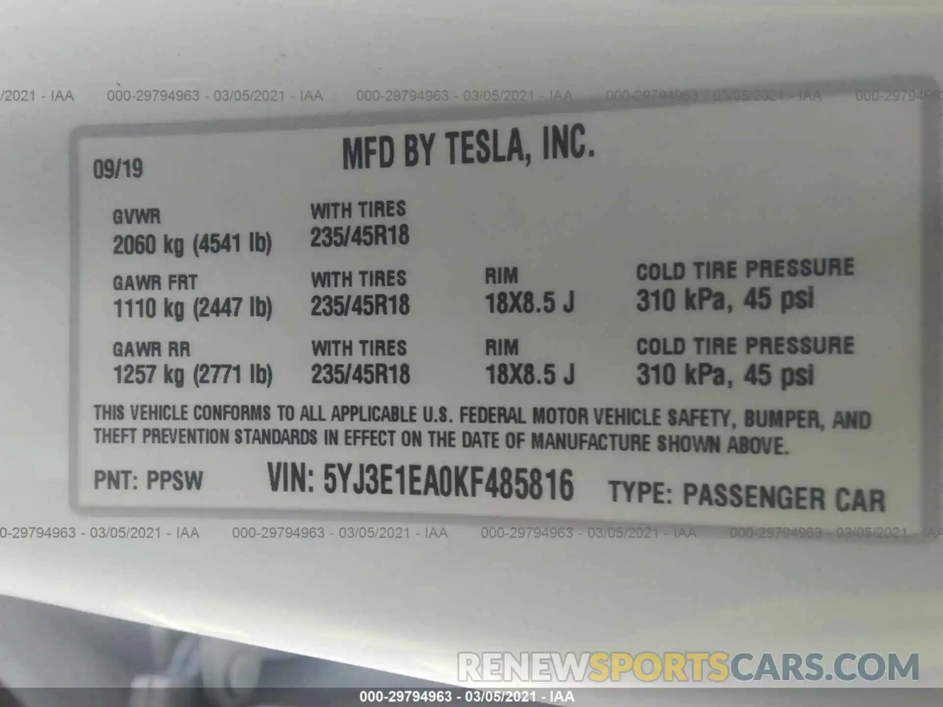 9 Фотография поврежденного автомобиля 5YJ3E1EA0KF485816 TESLA MODEL 3 2019