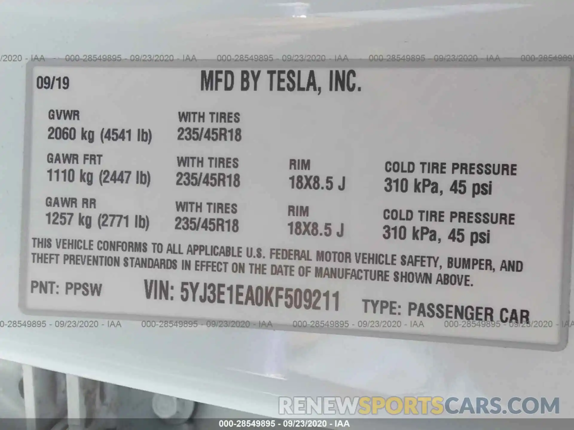 9 Фотография поврежденного автомобиля 5YJ3E1EA0KF509211 TESLA MODEL 3 2019