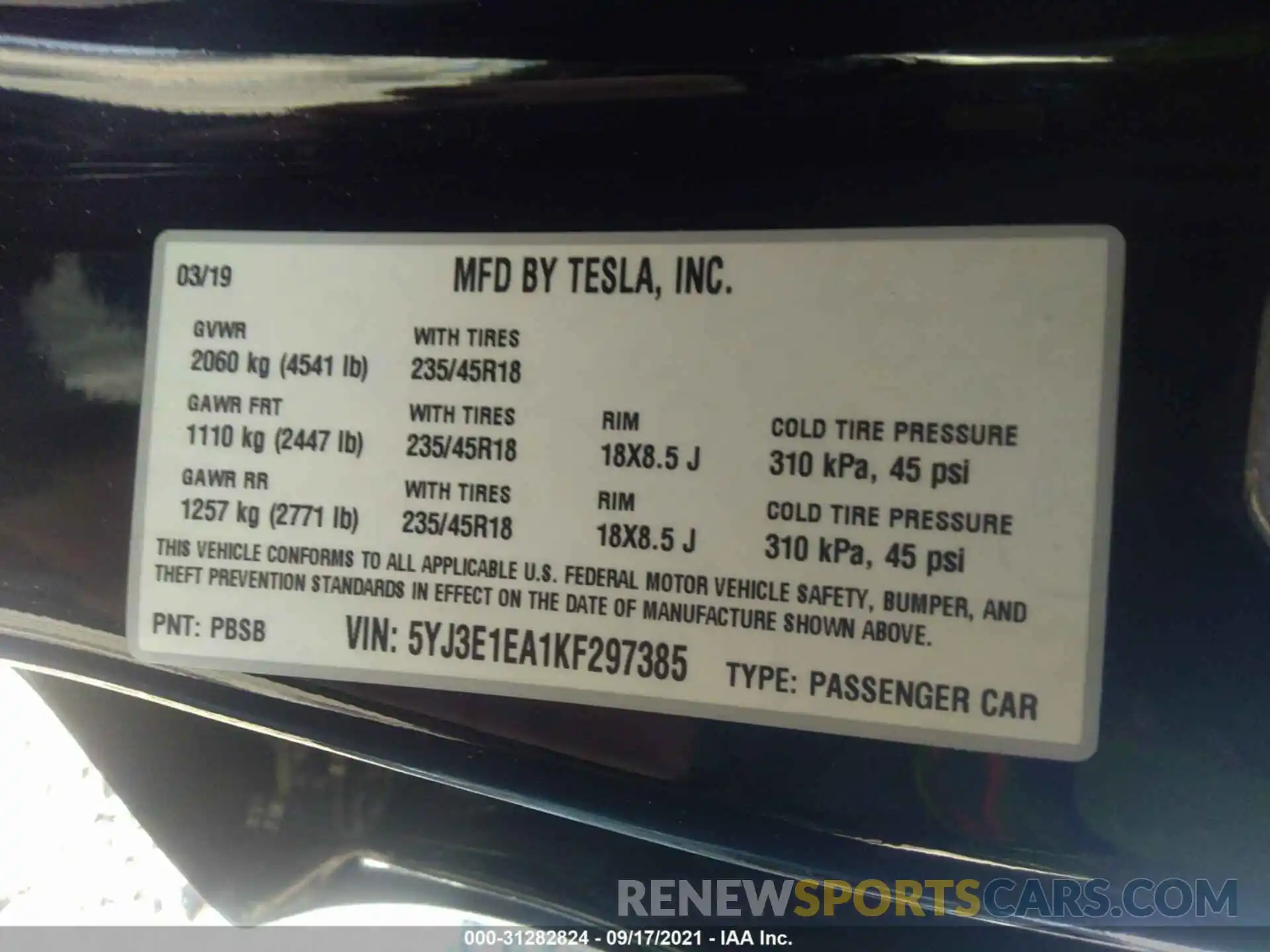 9 Photograph of a damaged car 5YJ3E1EA1KF297385 TESLA MODEL 3 2019