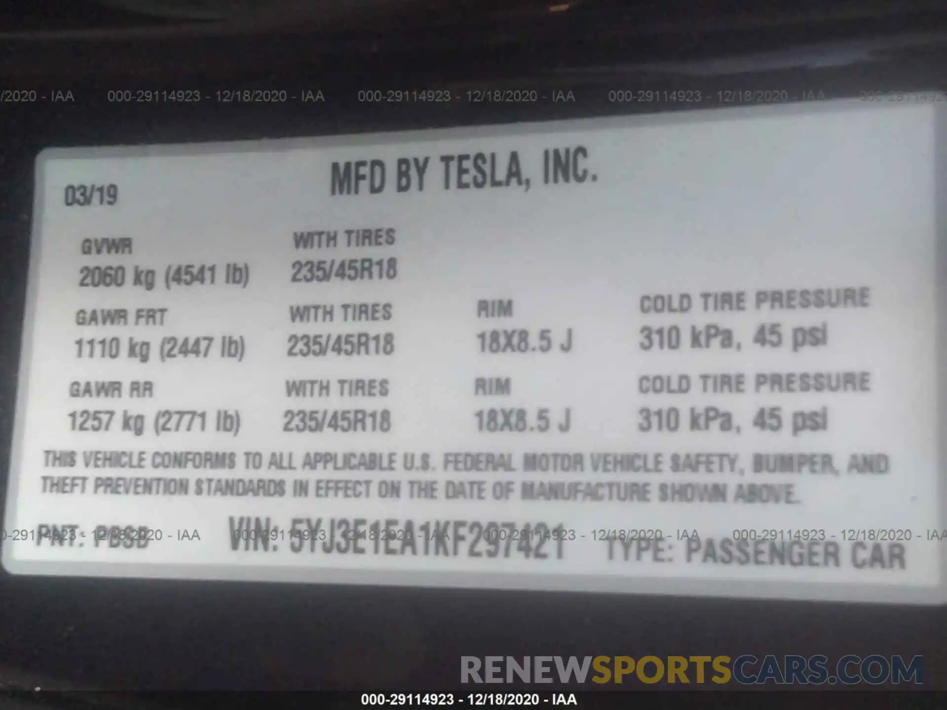 9 Фотография поврежденного автомобиля 5YJ3E1EA1KF297421 TESLA MODEL 3 2019