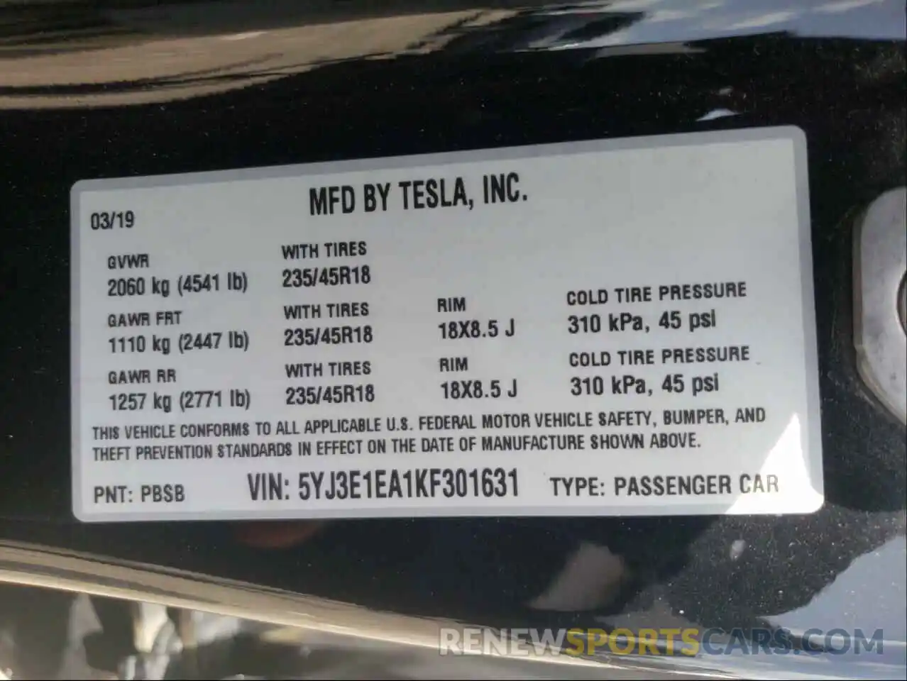 10 Photograph of a damaged car 5YJ3E1EA1KF301631 TESLA MODEL 3 2019