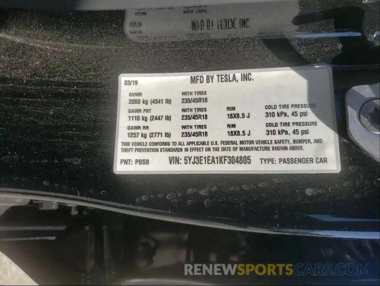 10 Photograph of a damaged car 5YJ3E1EA1KF304805 TESLA MODEL 3 2019