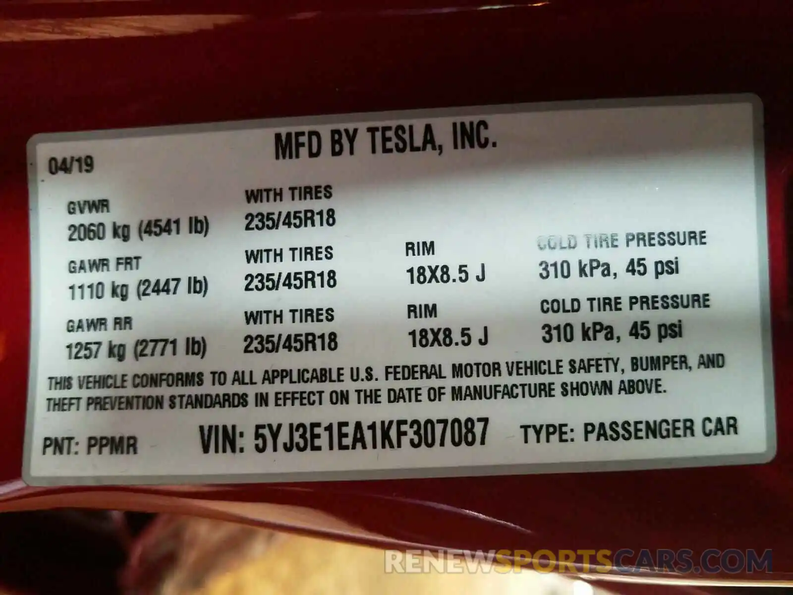 10 Photograph of a damaged car 5YJ3E1EA1KF307087 TESLA MODEL 3 2019