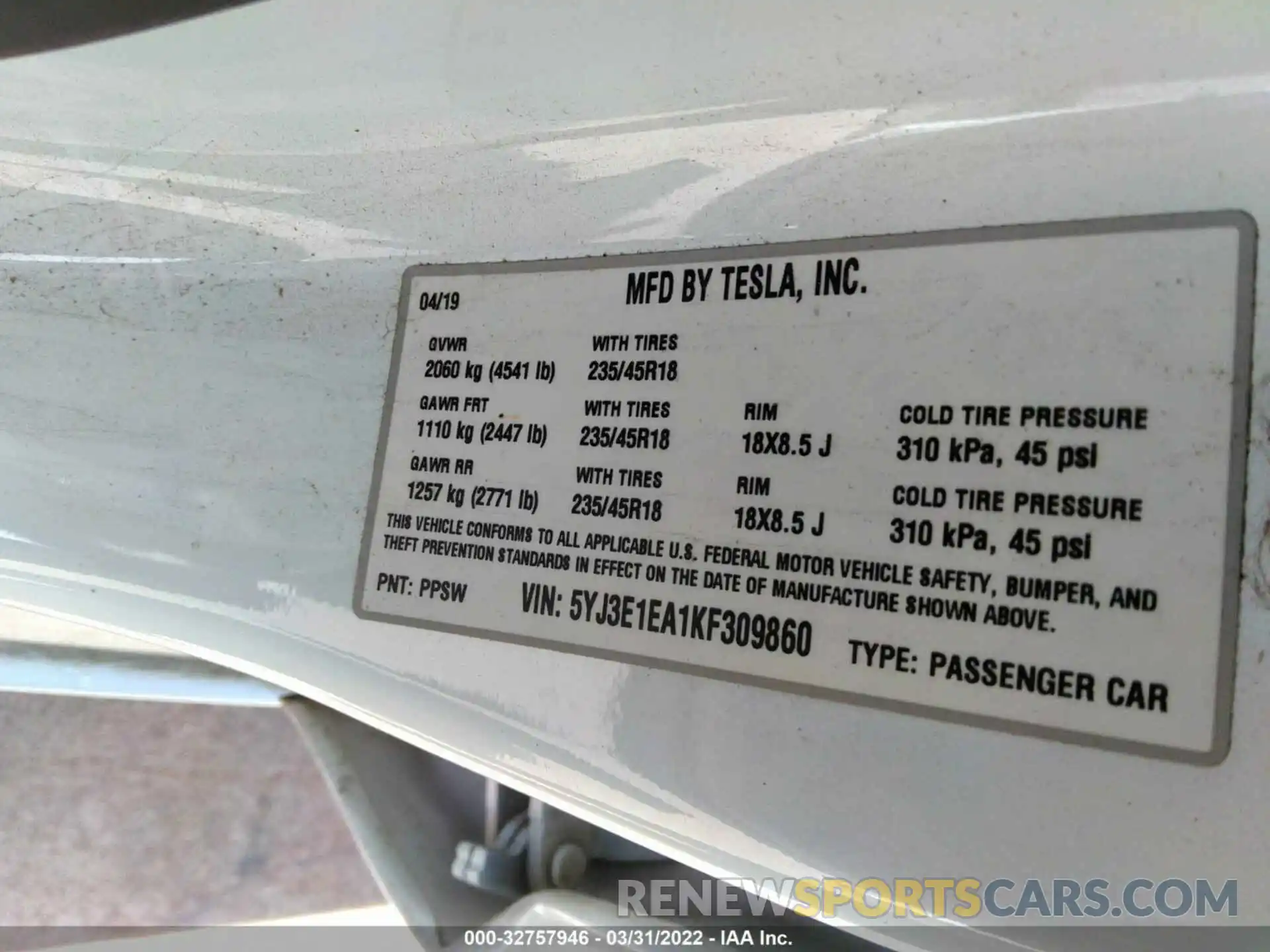 9 Фотография поврежденного автомобиля 5YJ3E1EA1KF309860 TESLA MODEL 3 2019