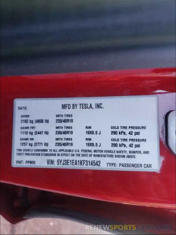 10 Photograph of a damaged car 5YJ3E1EA1KF314542 TESLA MODEL 3 2019