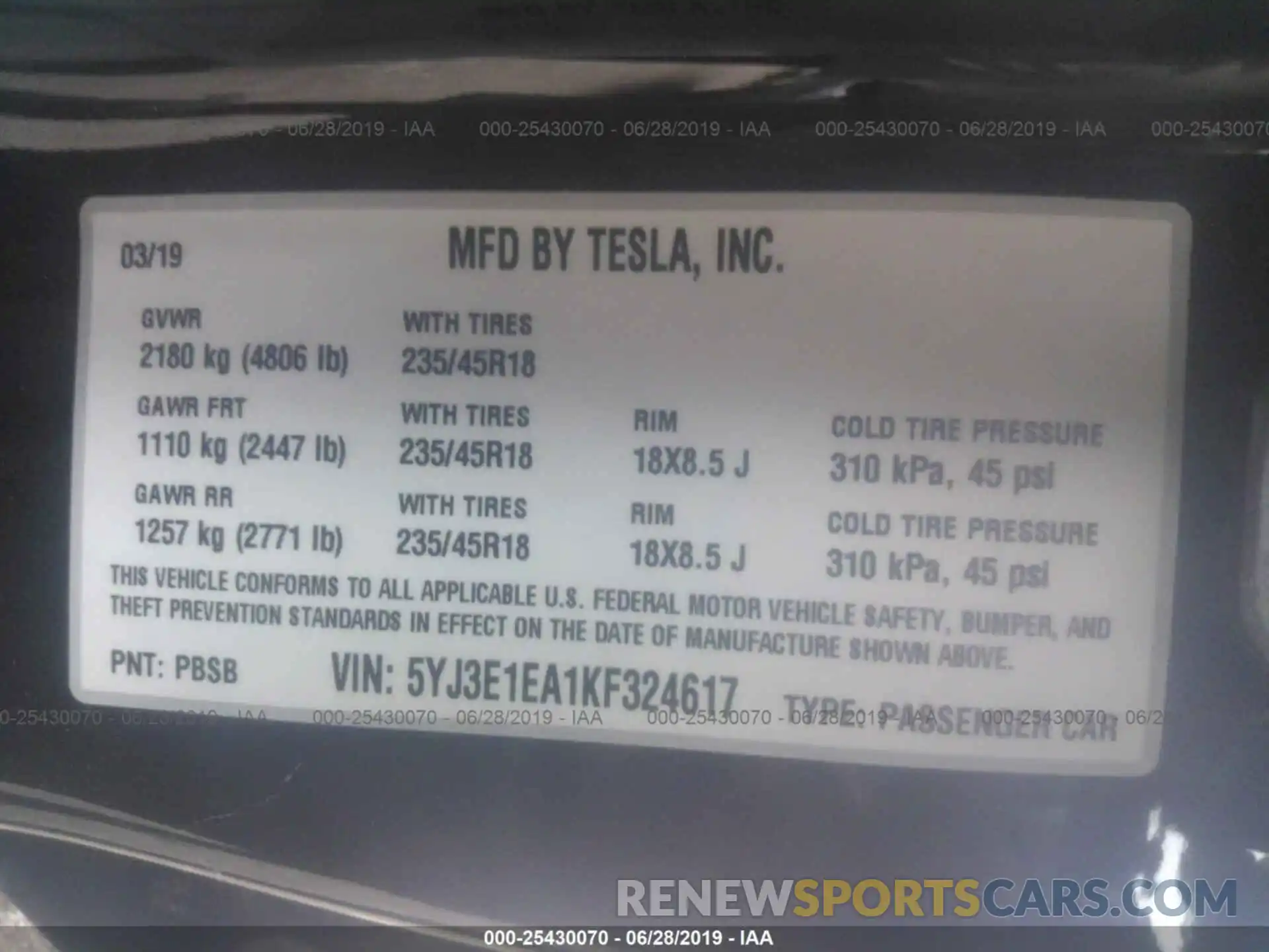 9 Photograph of a damaged car 5YJ3E1EA1KF324617 TESLA MODEL 3 2019