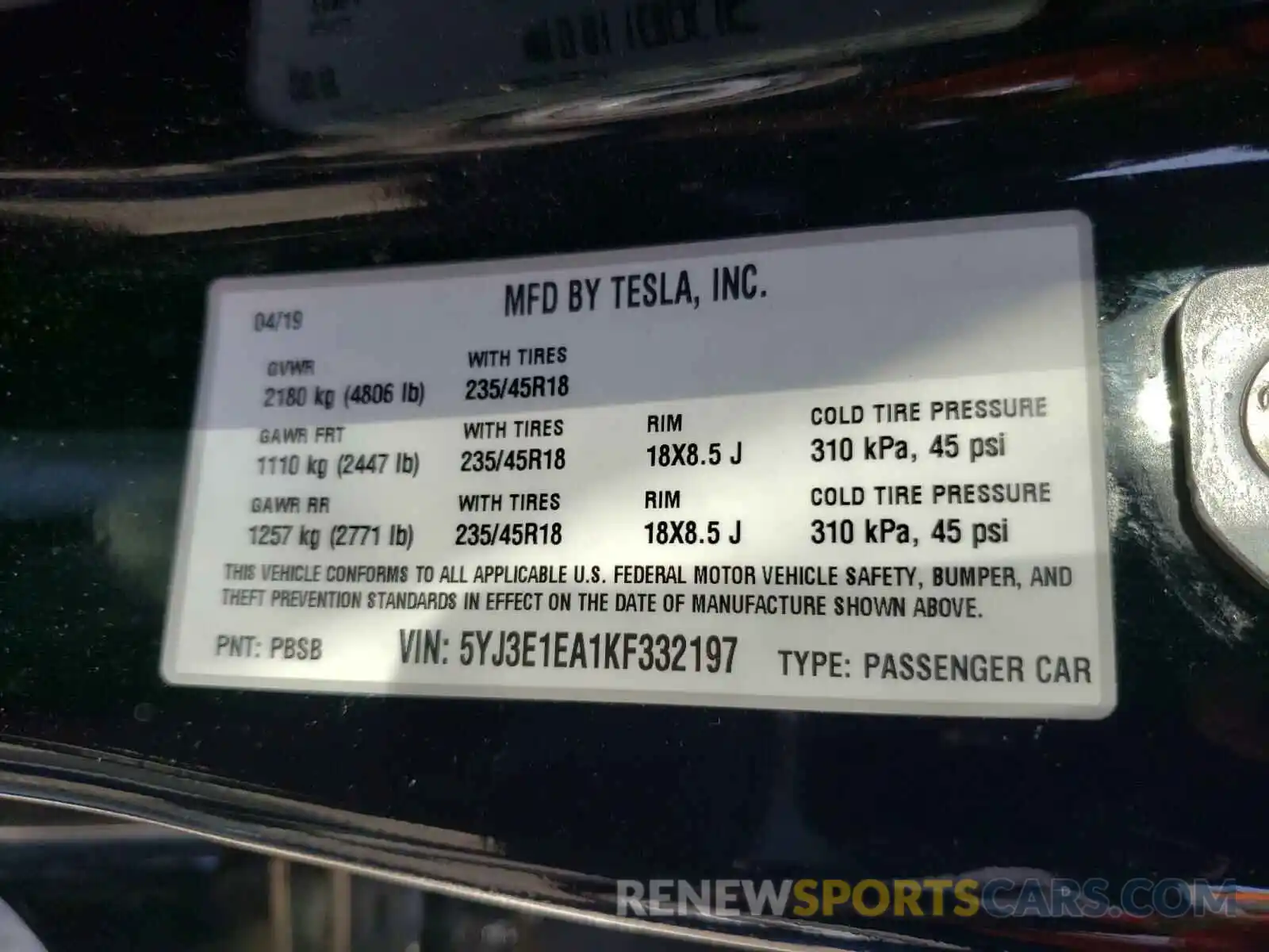 10 Photograph of a damaged car 5YJ3E1EA1KF332197 TESLA MODEL 3 2019