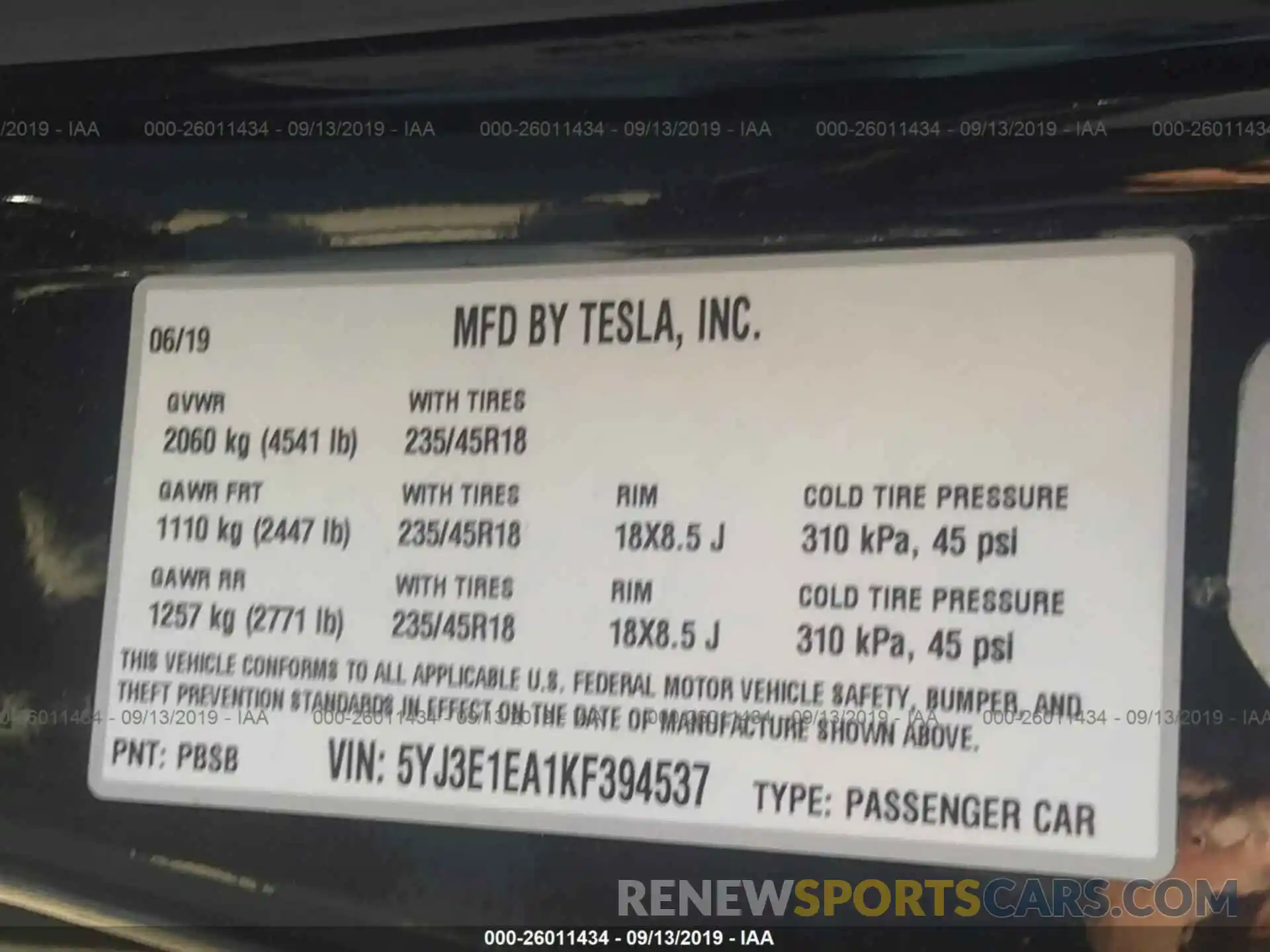 9 Фотография поврежденного автомобиля 5YJ3E1EA1KF394537 TESLA MODEL 3 2019