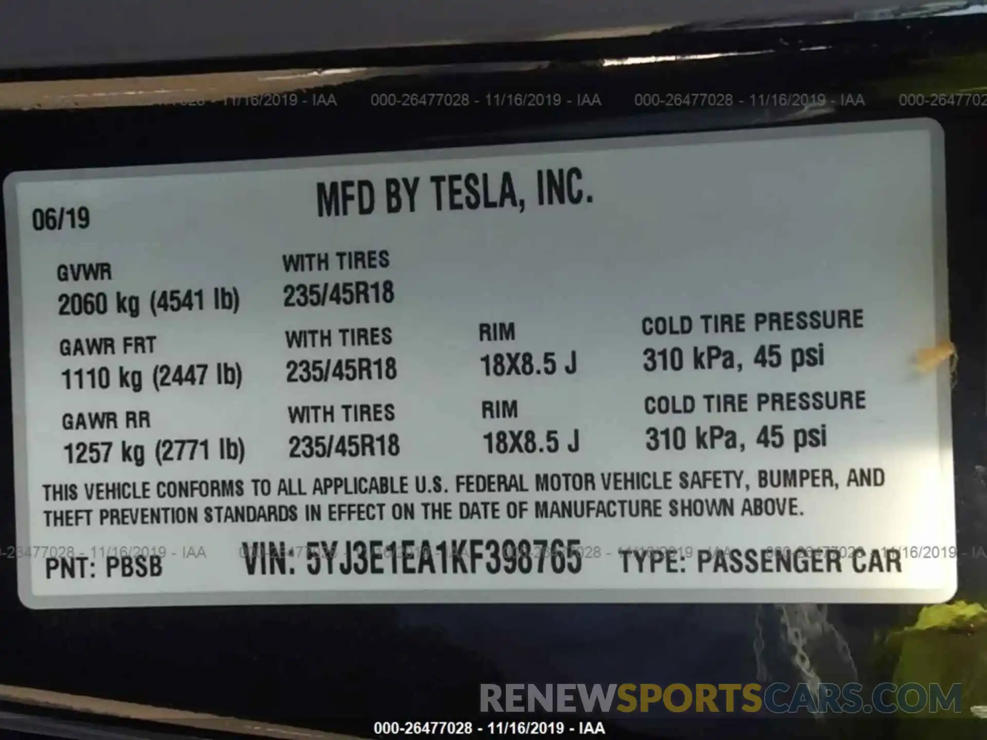 9 Фотография поврежденного автомобиля 5YJ3E1EA1KF398765 TESLA MODEL 3 2019