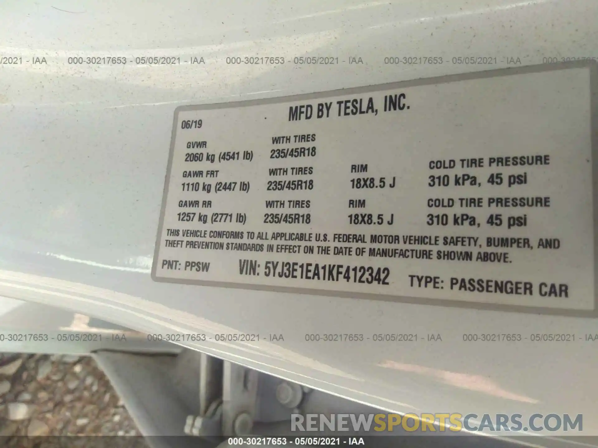 9 Photograph of a damaged car 5YJ3E1EA1KF412342 TESLA MODEL 3 2019