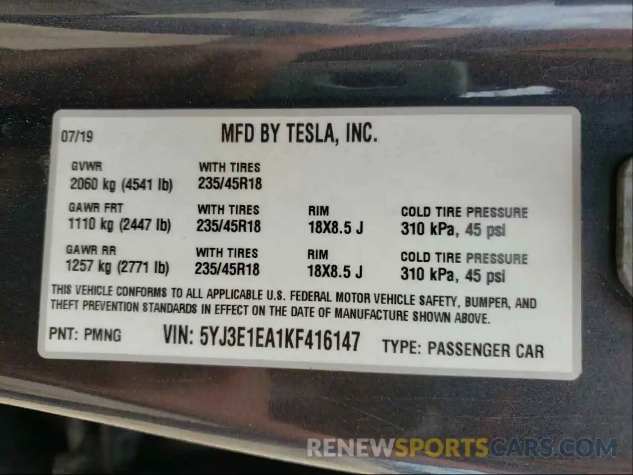 10 Photograph of a damaged car 5YJ3E1EA1KF416147 TESLA MODEL 3 2019