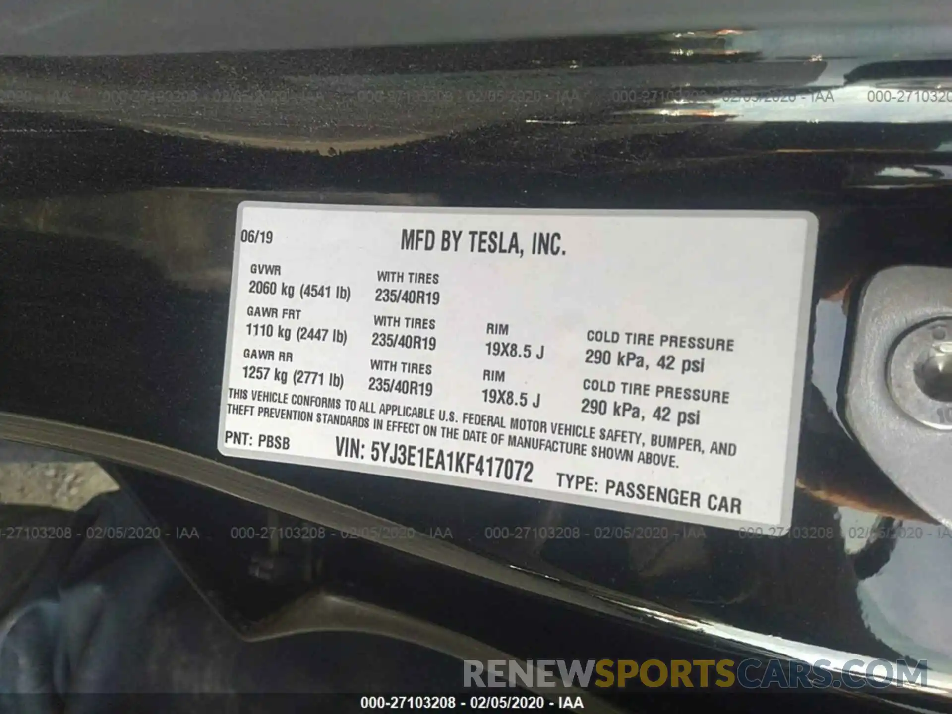 9 Фотография поврежденного автомобиля 5YJ3E1EA1KF417072 TESLA MODEL 3 2019