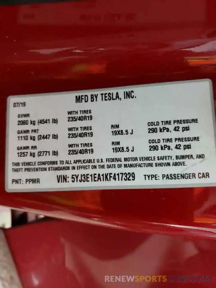 10 Photograph of a damaged car 5YJ3E1EA1KF417329 TESLA MODEL 3 2019