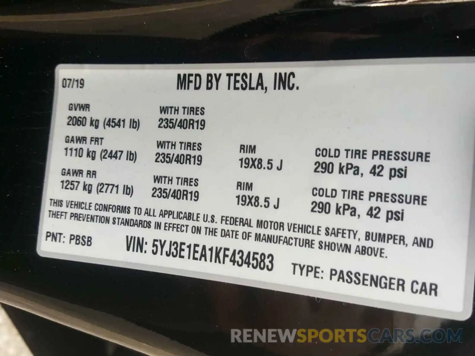 10 Фотография поврежденного автомобиля 5YJ3E1EA1KF434583 TESLA MODEL 3 2019