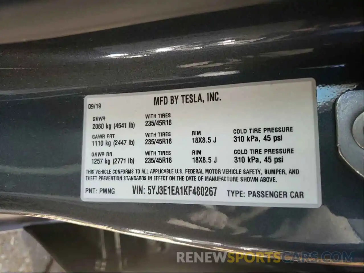 10 Photograph of a damaged car 5YJ3E1EA1KF480267 TESLA MODEL 3 2019