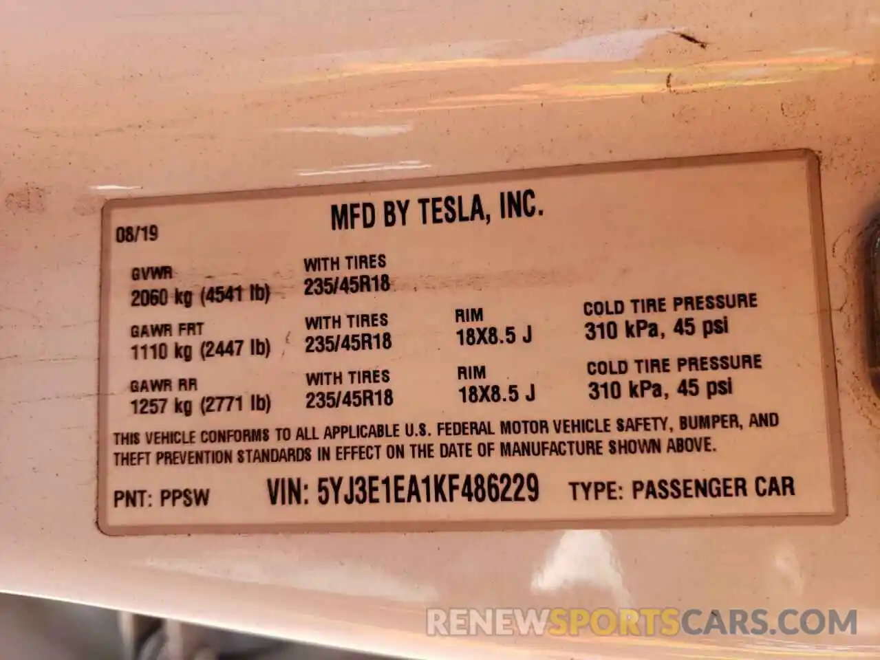 10 Photograph of a damaged car 5YJ3E1EA1KF486229 TESLA MODEL 3 2019