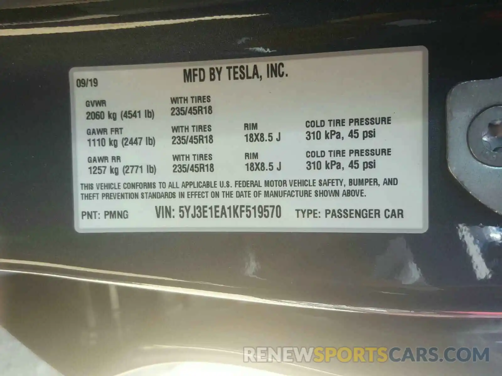 10 Photograph of a damaged car 5YJ3E1EA1KF519570 TESLA MODEL 3 2019