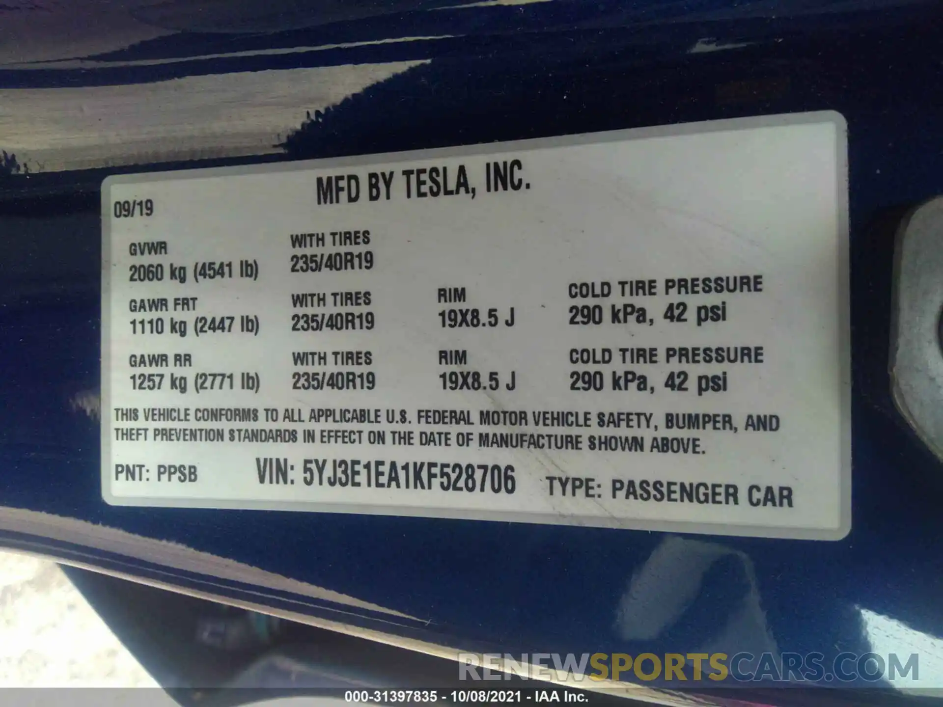 9 Photograph of a damaged car 5YJ3E1EA1KF528706 TESLA MODEL 3 2019