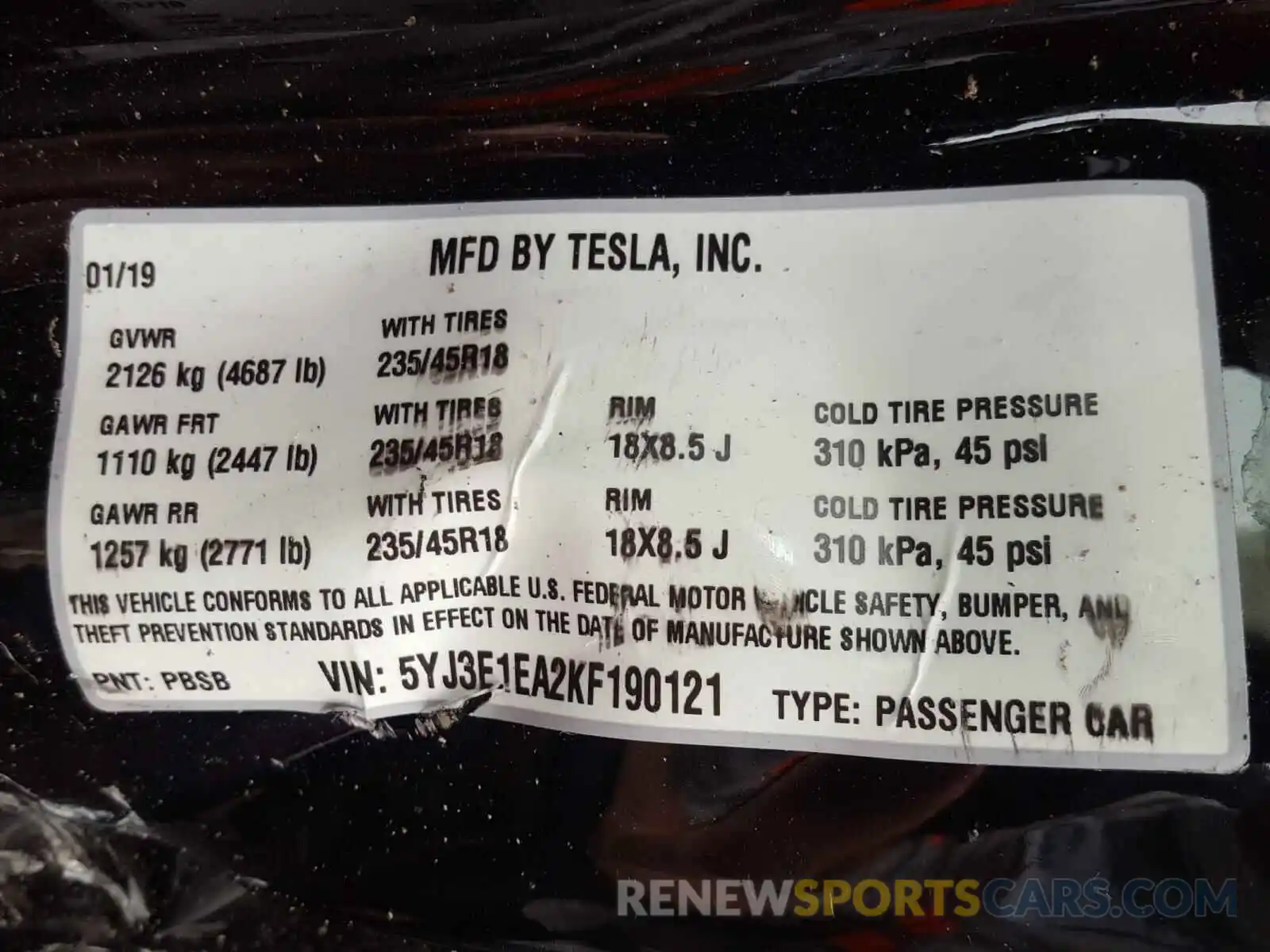 10 Photograph of a damaged car 5YJ3E1EA2KF190121 TESLA MODEL 3 2019