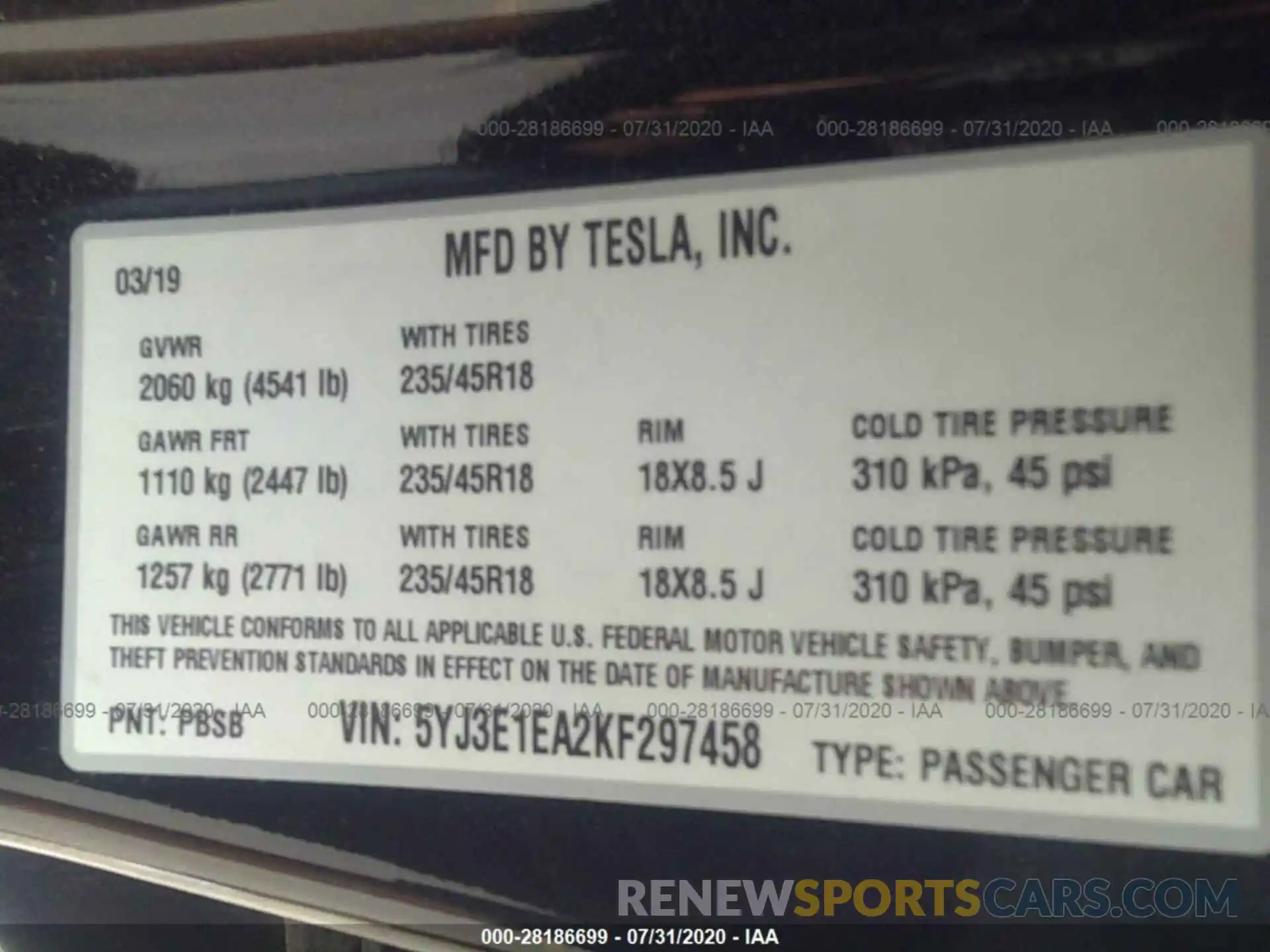 9 Фотография поврежденного автомобиля 5YJ3E1EA2KF297458 TESLA MODEL 3 2019