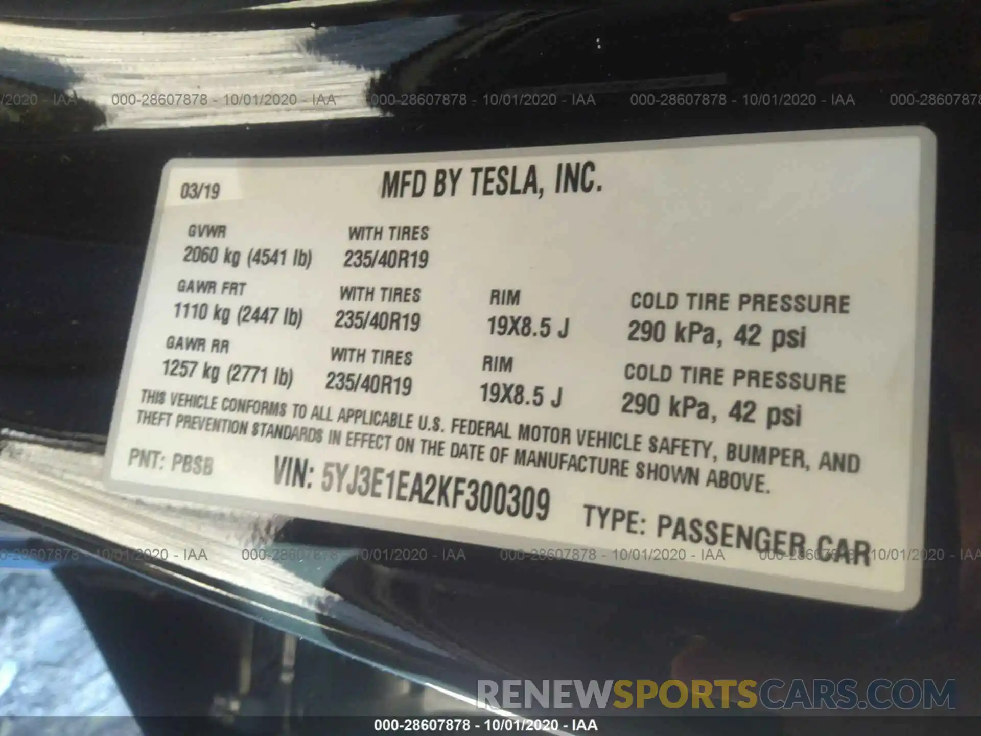 9 Photograph of a damaged car 5YJ3E1EA2KF300309 TESLA MODEL 3 2019