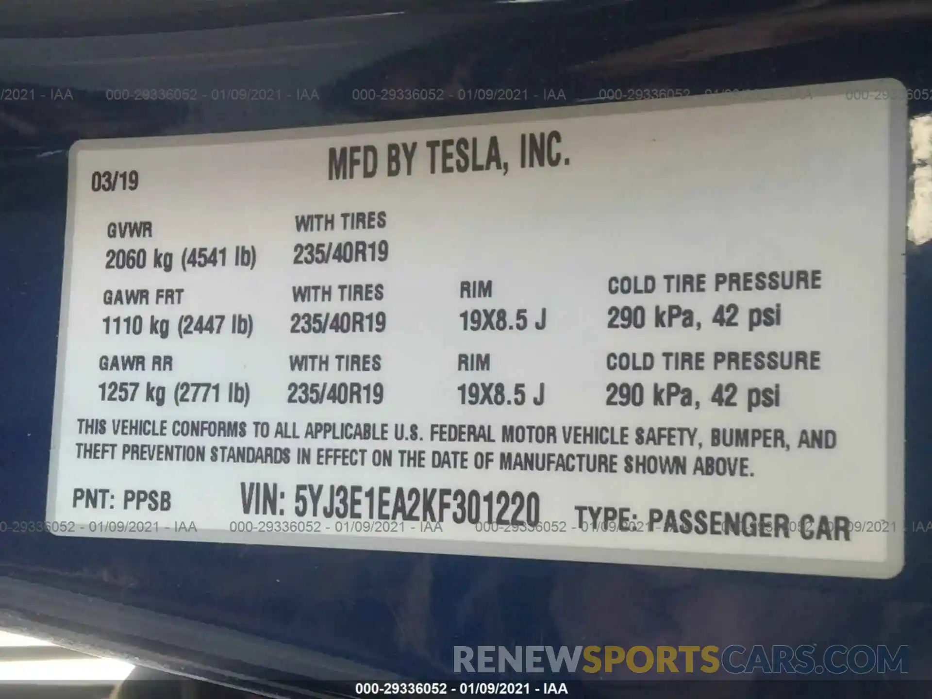 9 Фотография поврежденного автомобиля 5YJ3E1EA2KF301220 TESLA MODEL 3 2019