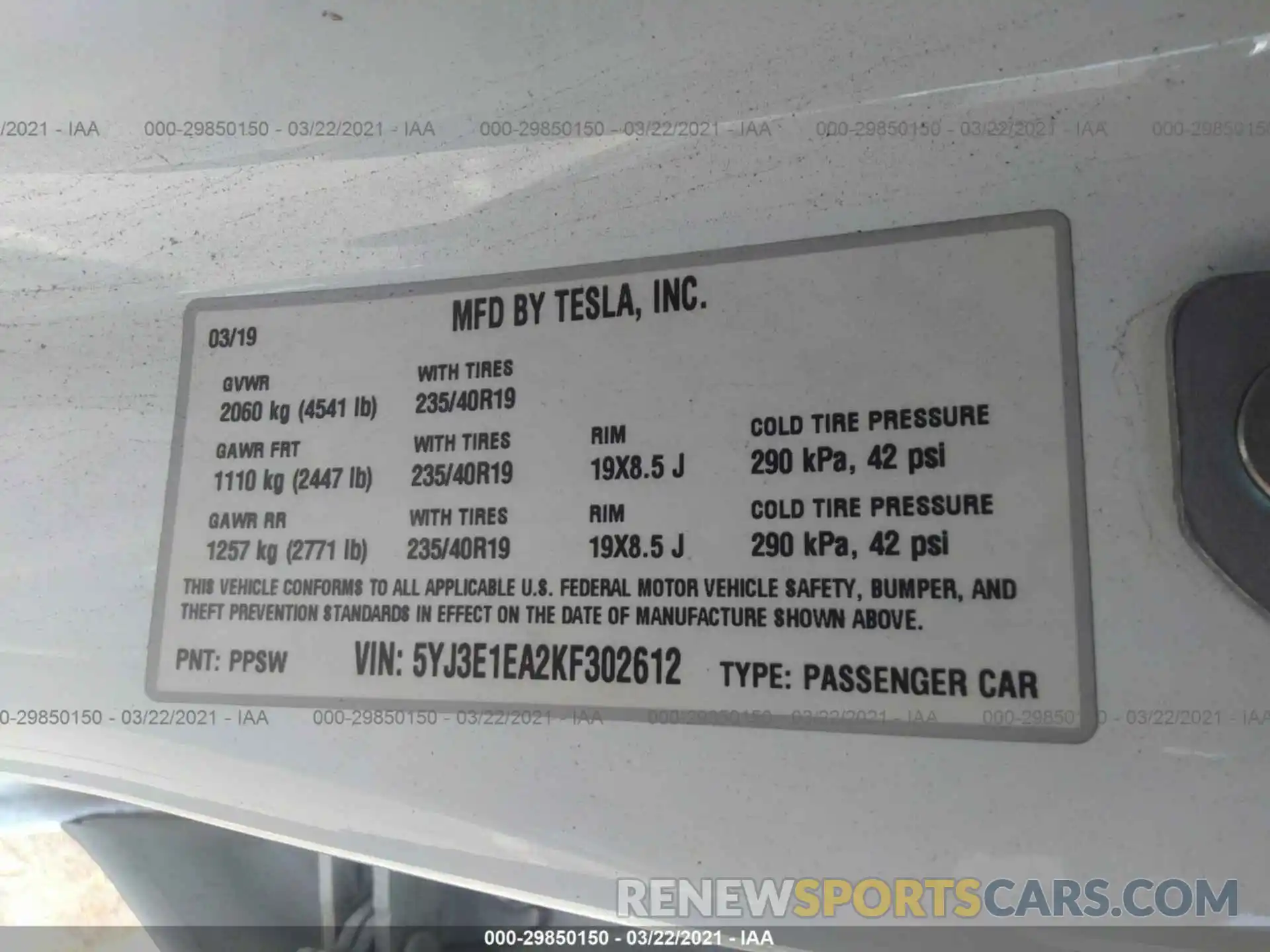 9 Photograph of a damaged car 5YJ3E1EA2KF302612 TESLA MODEL 3 2019