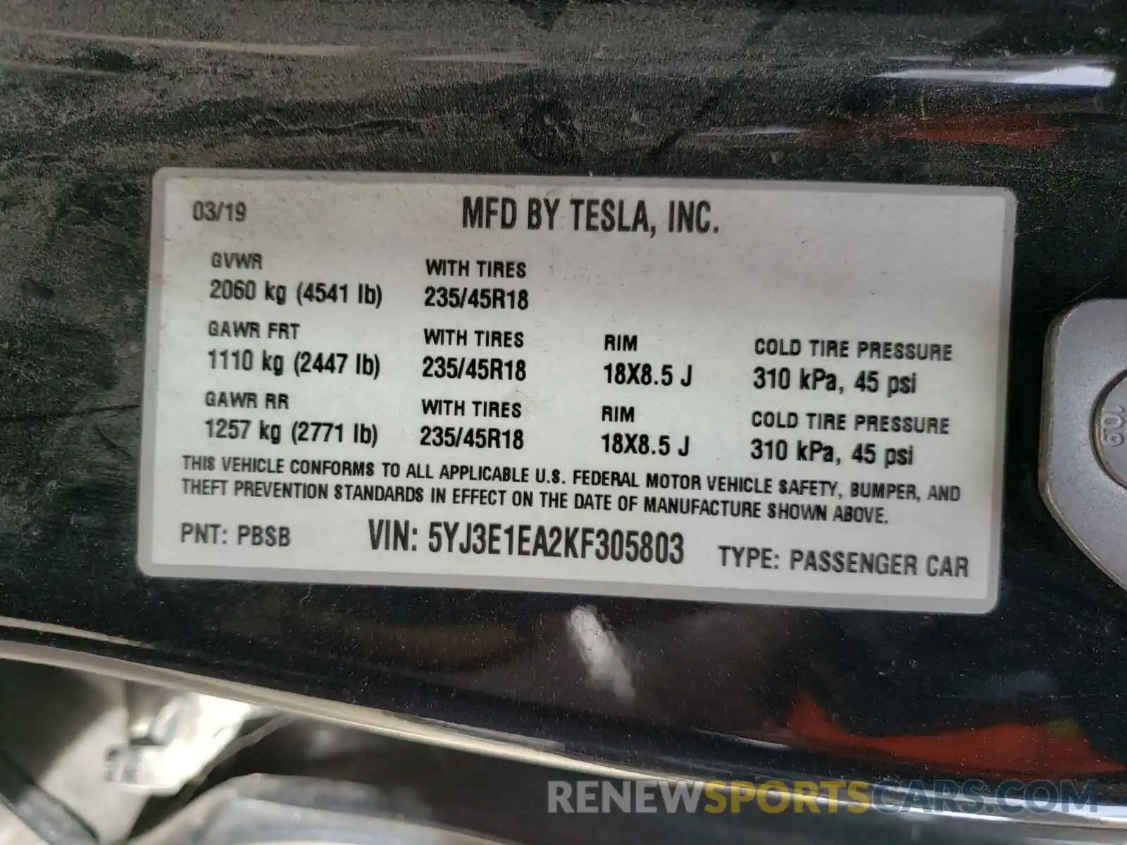 10 Photograph of a damaged car 5YJ3E1EA2KF305803 TESLA MODEL 3 2019