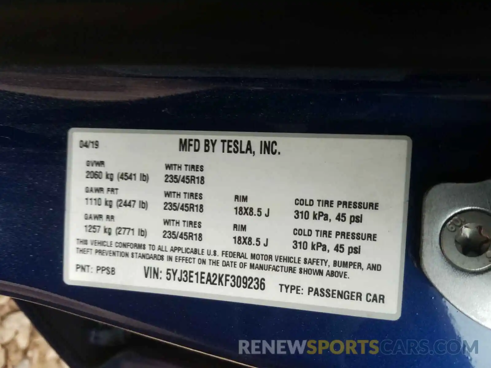 10 Photograph of a damaged car 5YJ3E1EA2KF309236 TESLA MODEL 3 2019