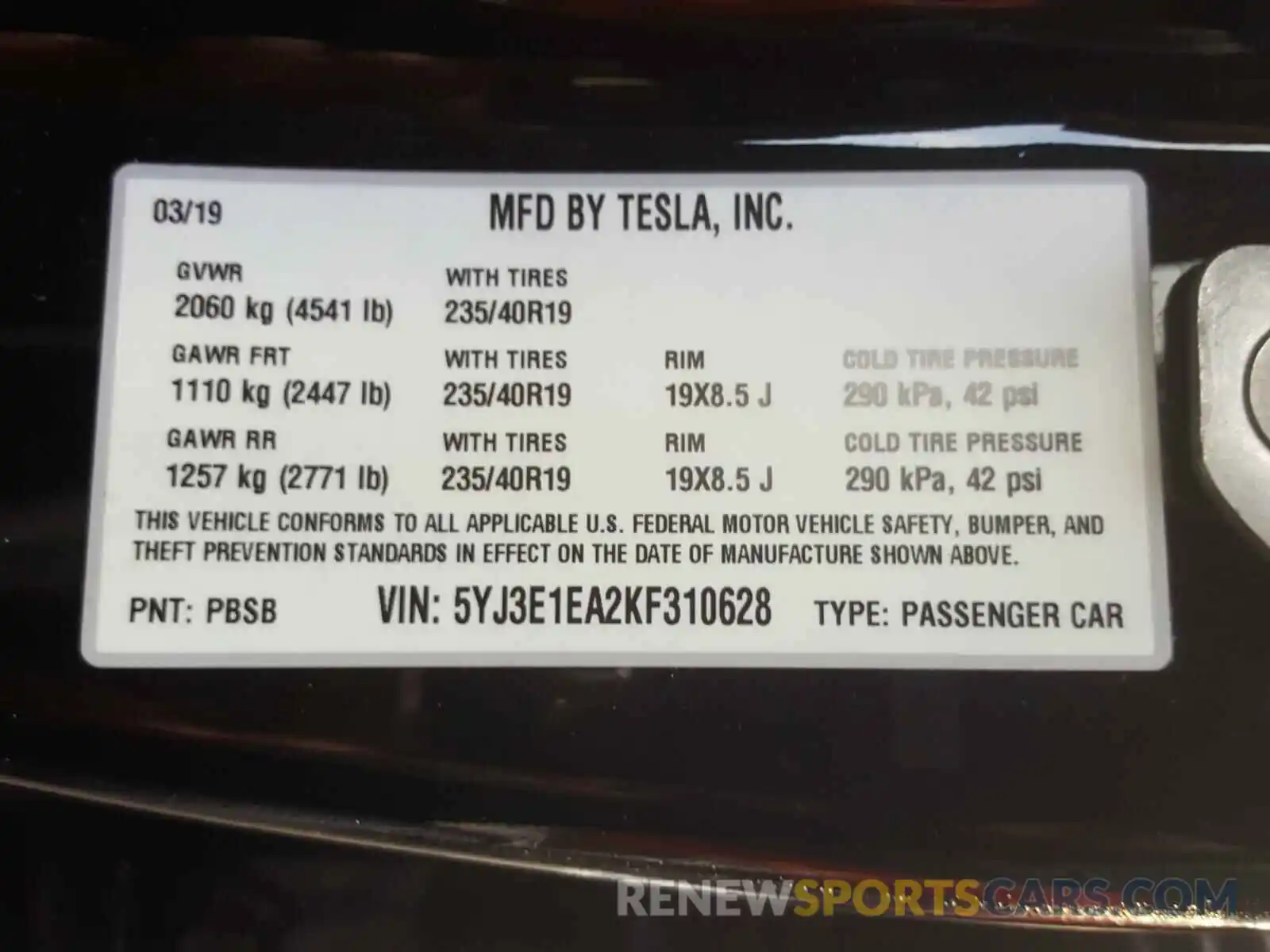 10 Photograph of a damaged car 5YJ3E1EA2KF310628 TESLA MODEL 3 2019