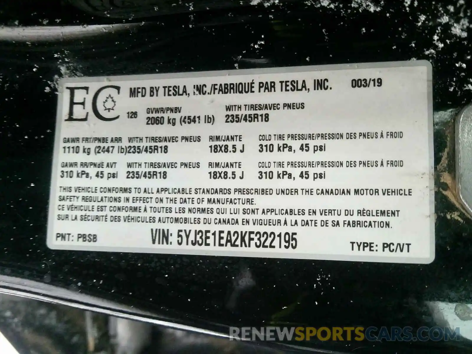 10 Photograph of a damaged car 5YJ3E1EA2KF322195 TESLA MODEL 3 2019